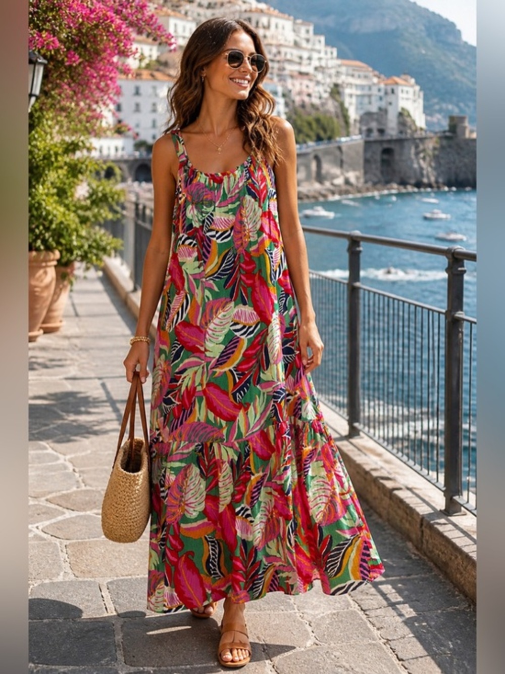 Colorful Tropical Leaf Maxi Dress Tiered Boho Resort Vacation Cruise